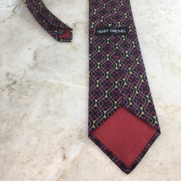 HENRY GRETHEL BLACK BURGUNDY GOLD WHITE ALL SILK TIE0 - Picture 6 of 11